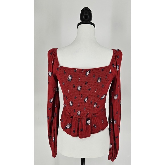 Hollister Retro Y2K Red Smocked Front Floral Buttoned Crop Top Womens Size Small - Picture 5 of 7